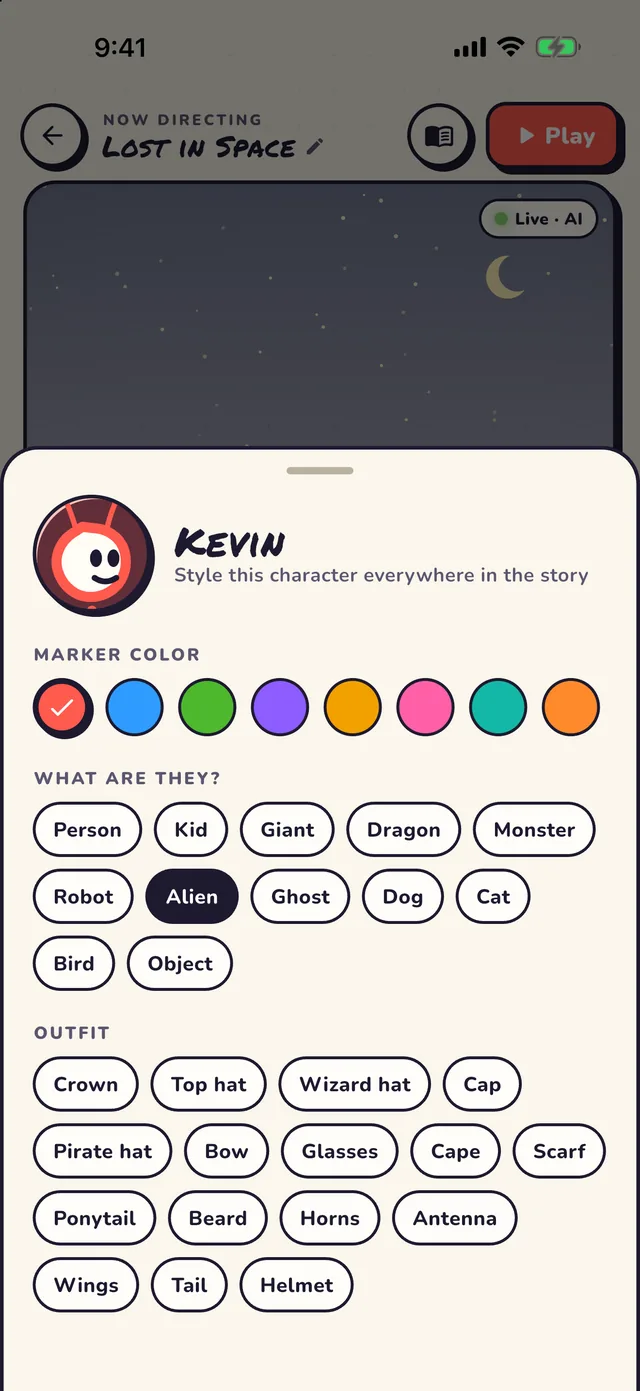 The cast sheet for an alien named Kevin, with eight marker colors, character types such as robot, dragon and ghost, and outfits such as crowns, capes and wings.