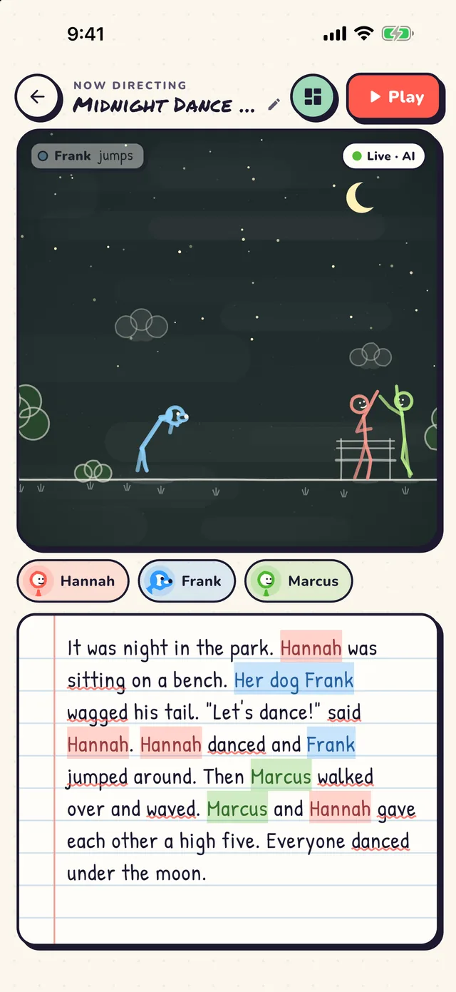 A chalkboard-style stage at night in the park, where Hannah, her dog Frank and Marcus dance under the moon.