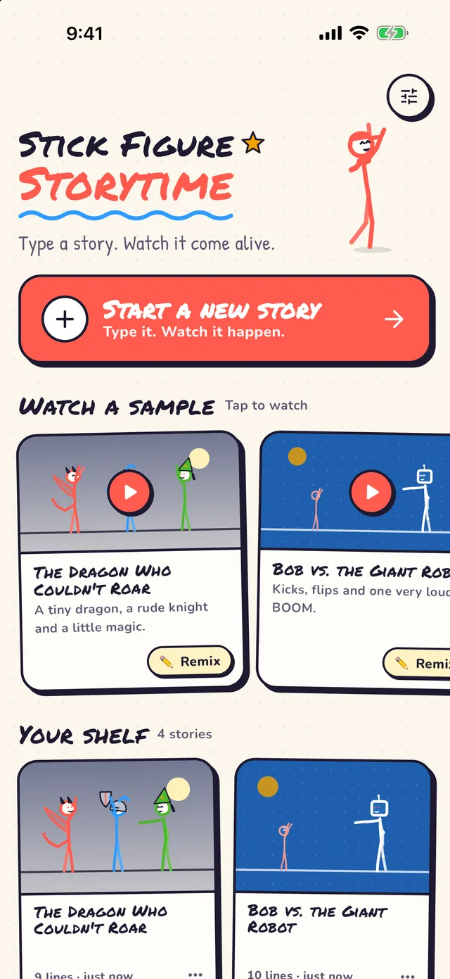 The home screen: a big Start a new story button, sample stories to watch and a shelf of saved stories.