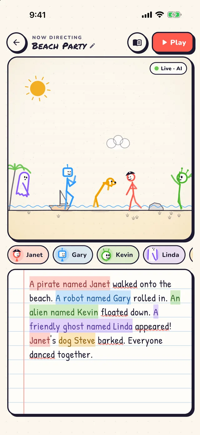 A beach party story: a pirate named Janet, a robot named Gary, an alien named Kevin, a friendly ghost named Linda and Janet's dog Steve dance together on stage.